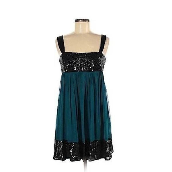 A.B.S. Allen Schwartz Collection Blue Silk Black Sequins Square Mini Dress 6