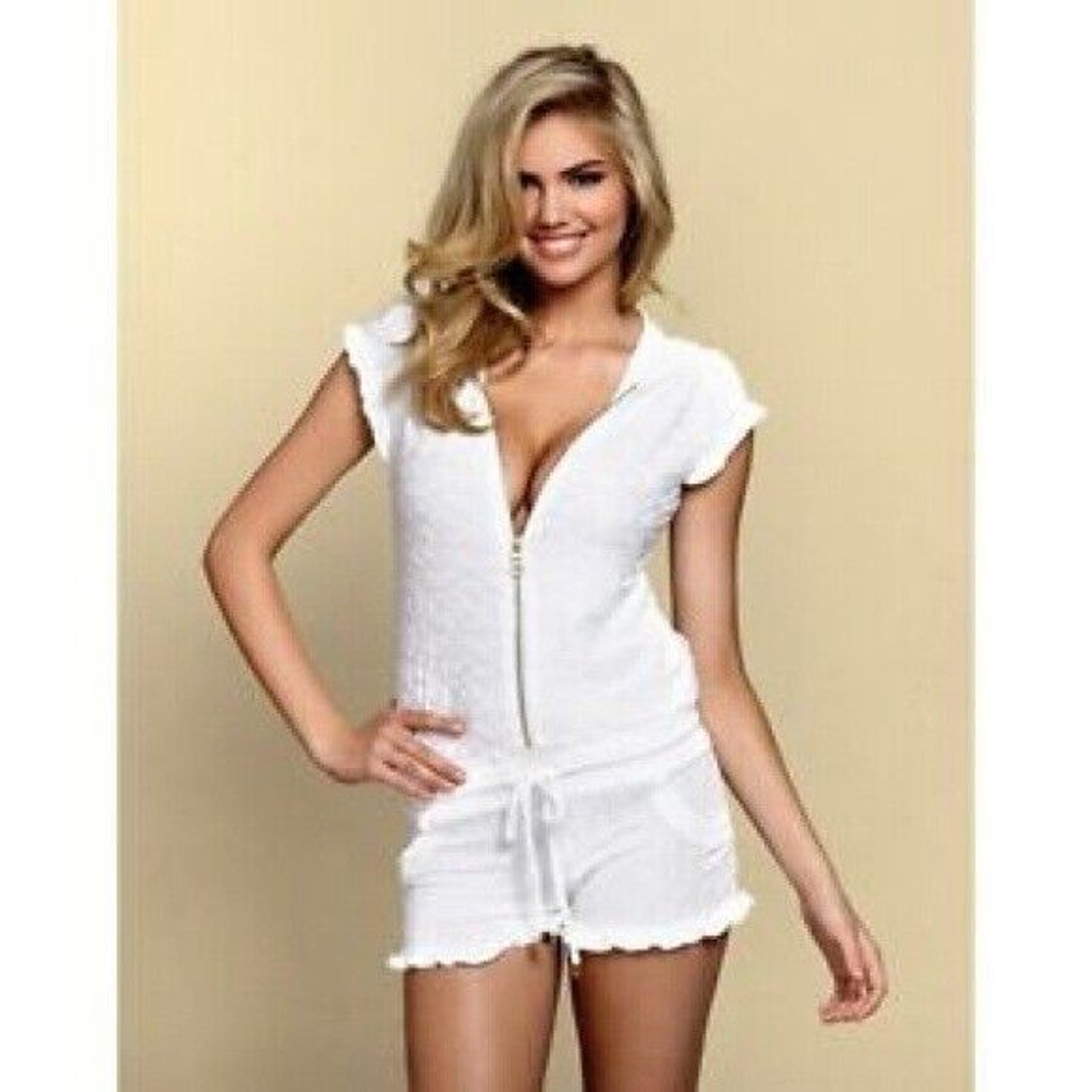 Beach Bunny Baby Be Mine Romper White Terry Swimwear Cover Up White Zip Front L