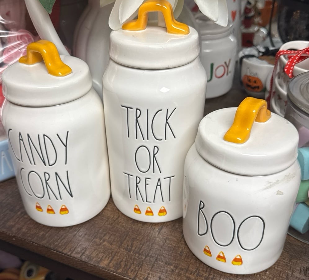Rae dunn candy corn Halloween canister set boo trick or treat Abd candy corn.