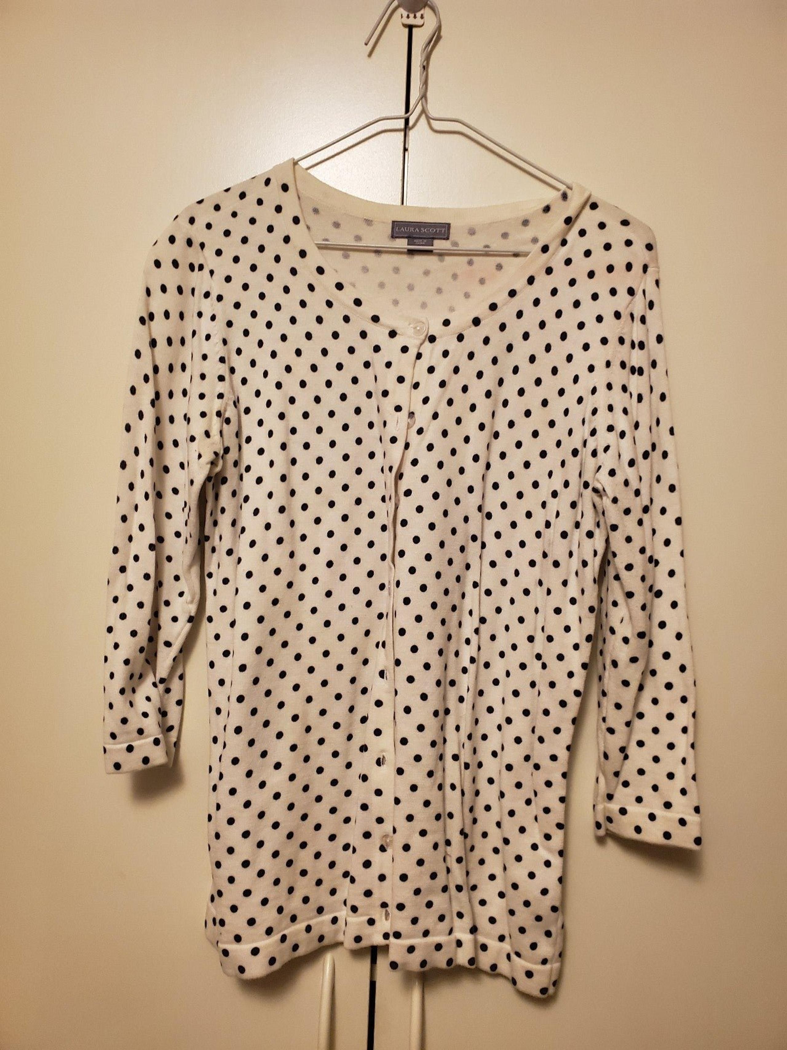 Laura Scott - Size L Large - White & Navy Polka Dot Button Up Cardigan Sweater