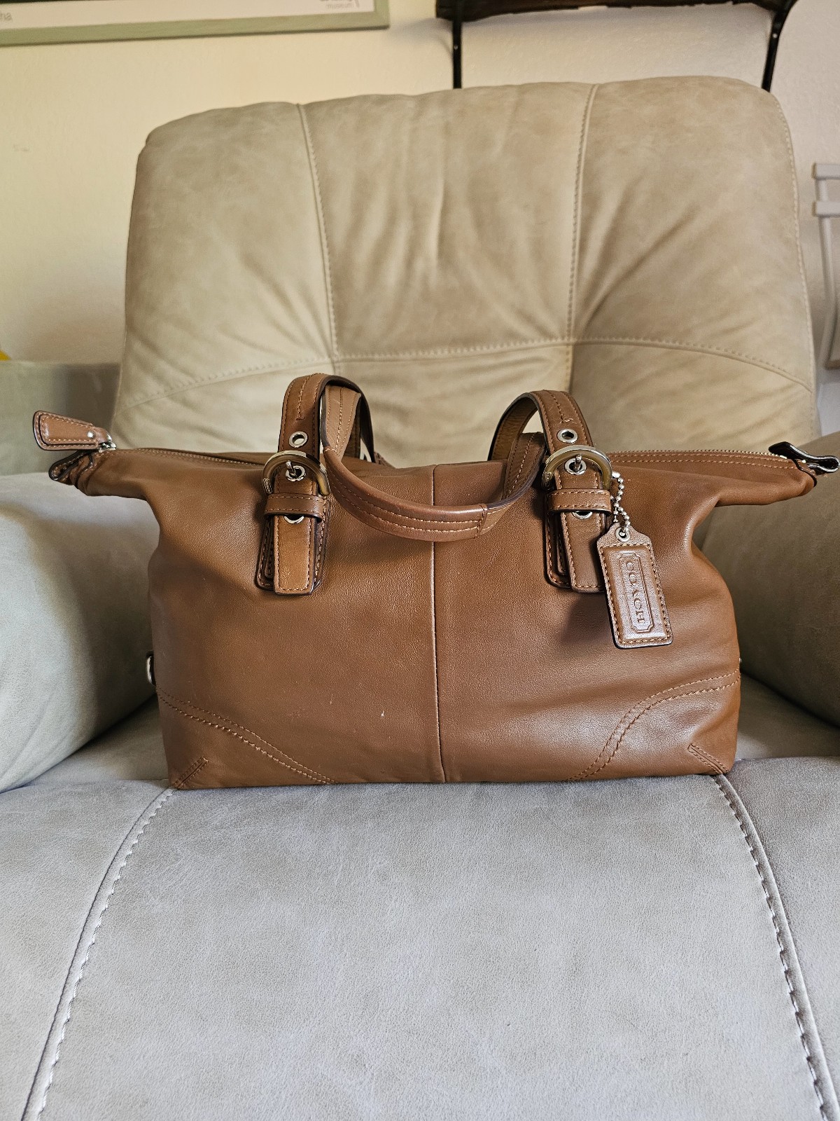 Coach soft cognac brown chunky leather shoulder tote bag