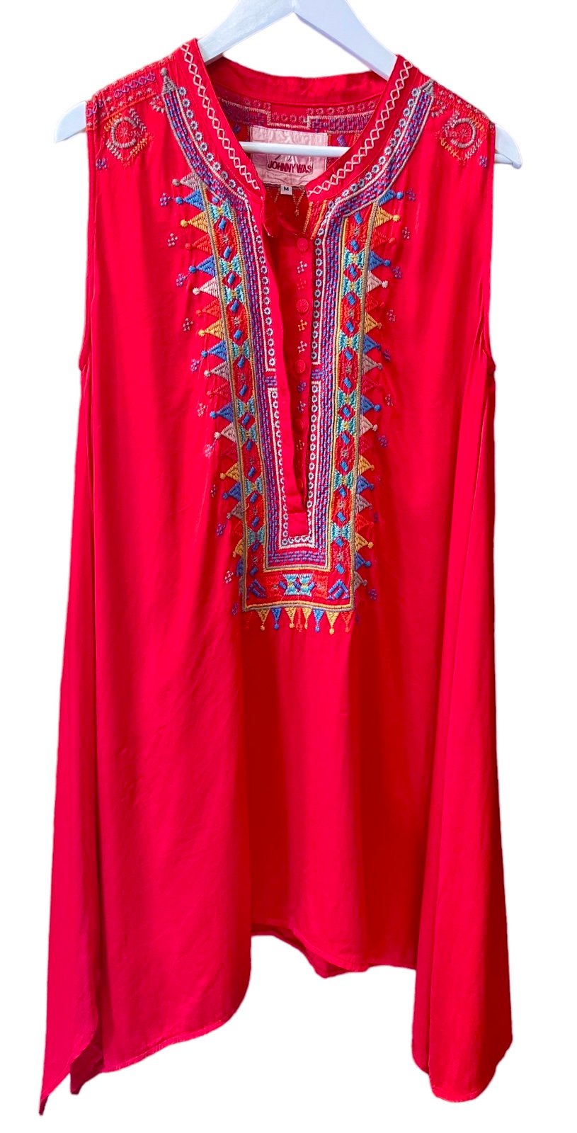 Johnny Was Satin Red with Bright Embroidery Drapey Tunic Top Women''s size M