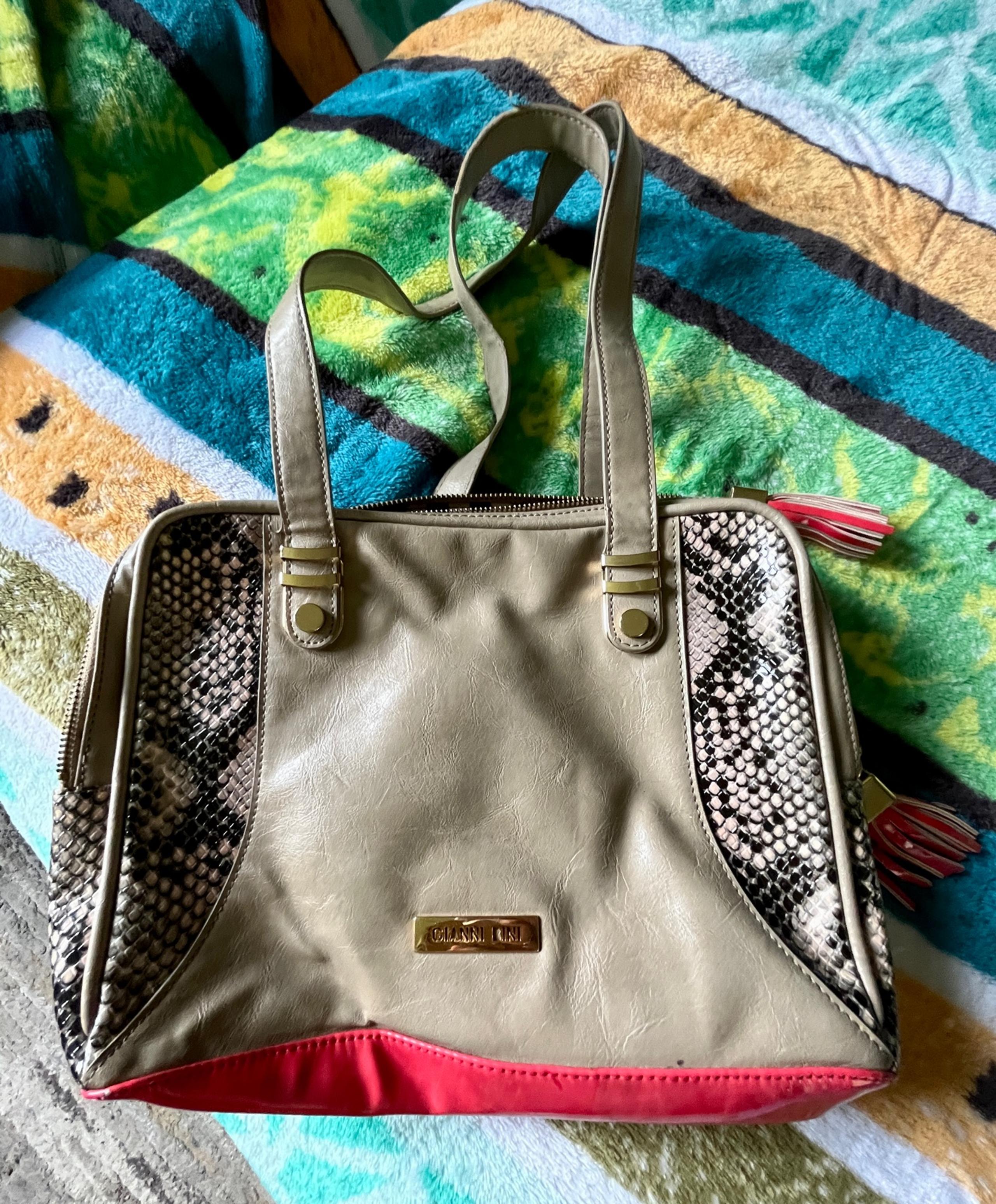 Gianni Bini Beige, Coral & Rattlesnake Print Handbag