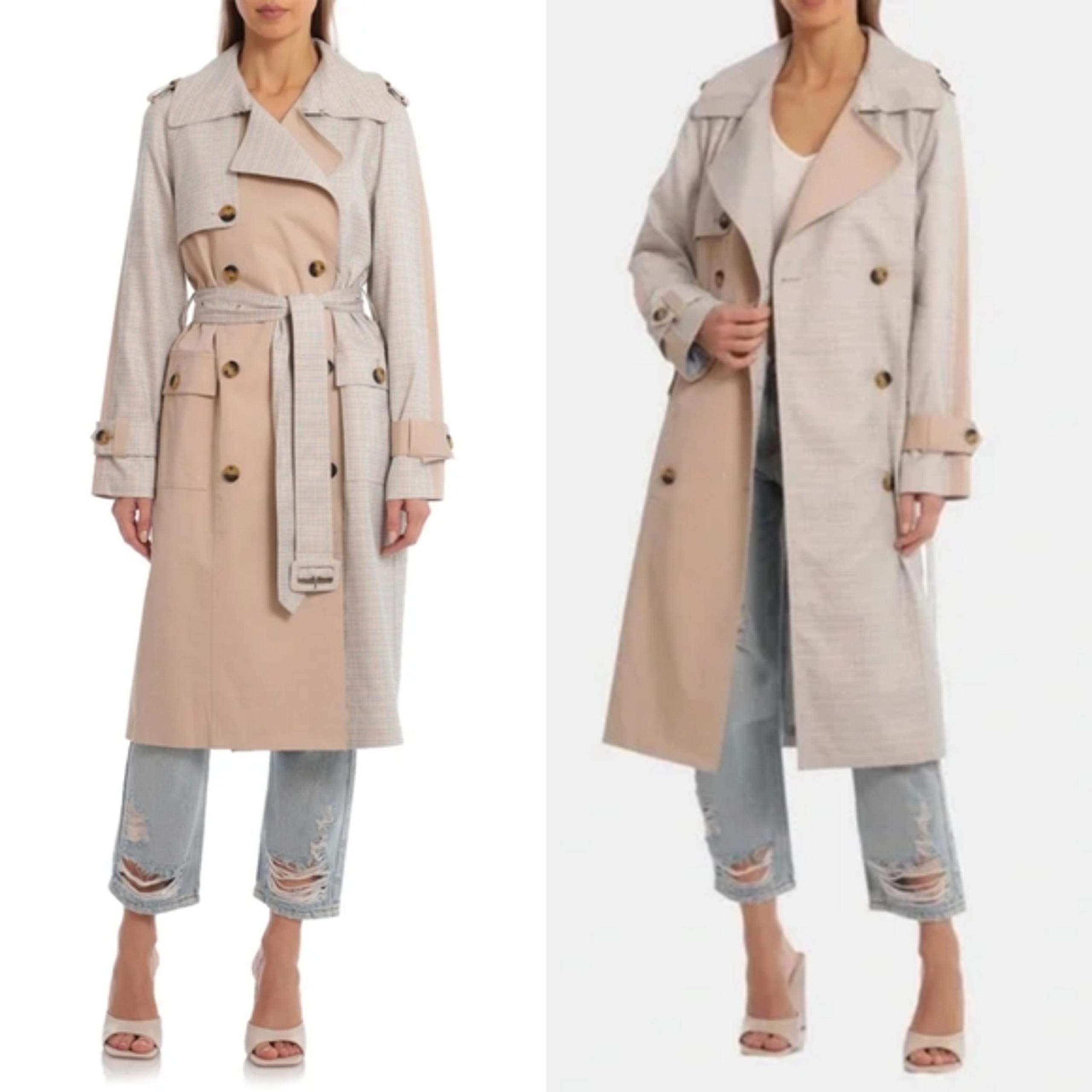 Avec Les Filles Combo Plaid Double Breasted Trench Coat NWT Size LARGE