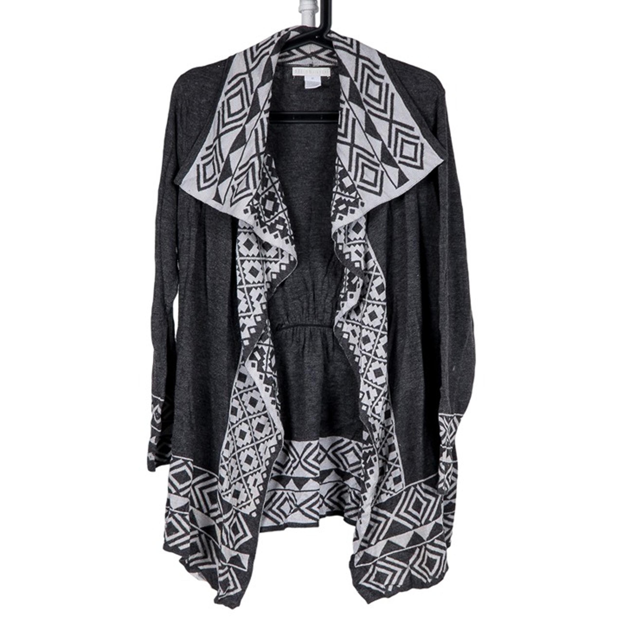 Design History Cardigan Sweater M Womens Waterfall Gray White Open Cotton Geo