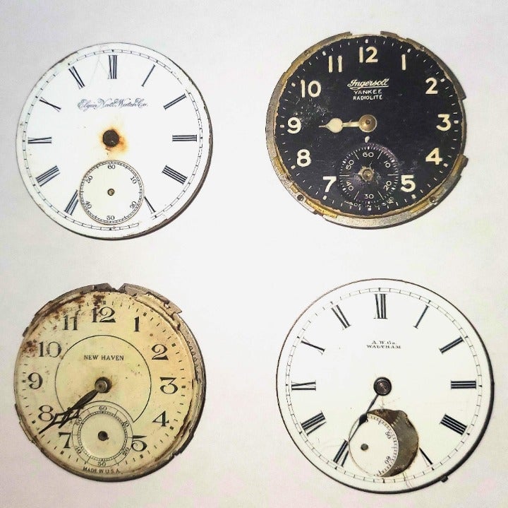 4 Vintage Pocket Watch Faces/Dials Porcelain Brass Movement Part Gears Steampunk