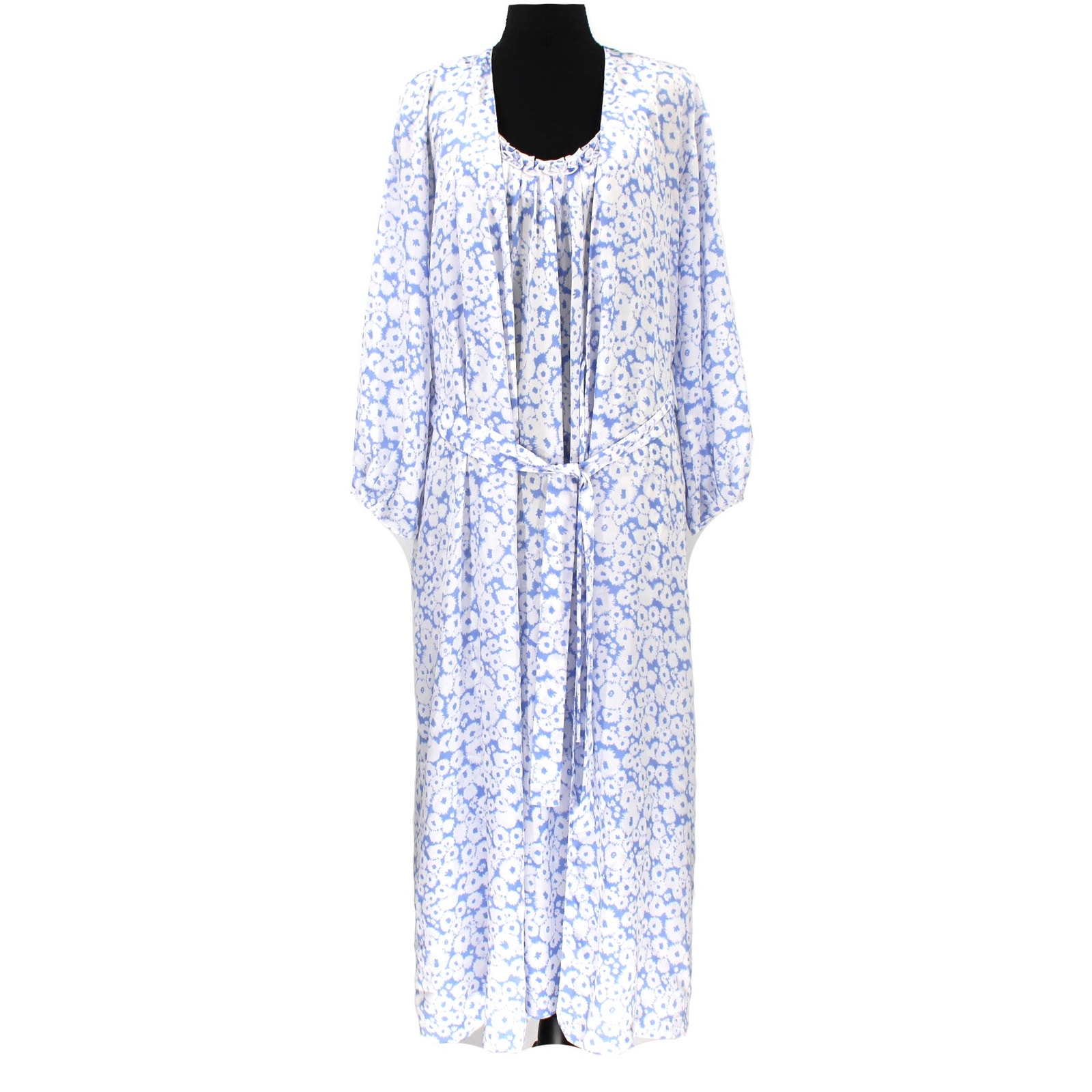 Oscar de la Renta Satin Blue White Floral Ruffle Nightgown Robe Set S/M Long