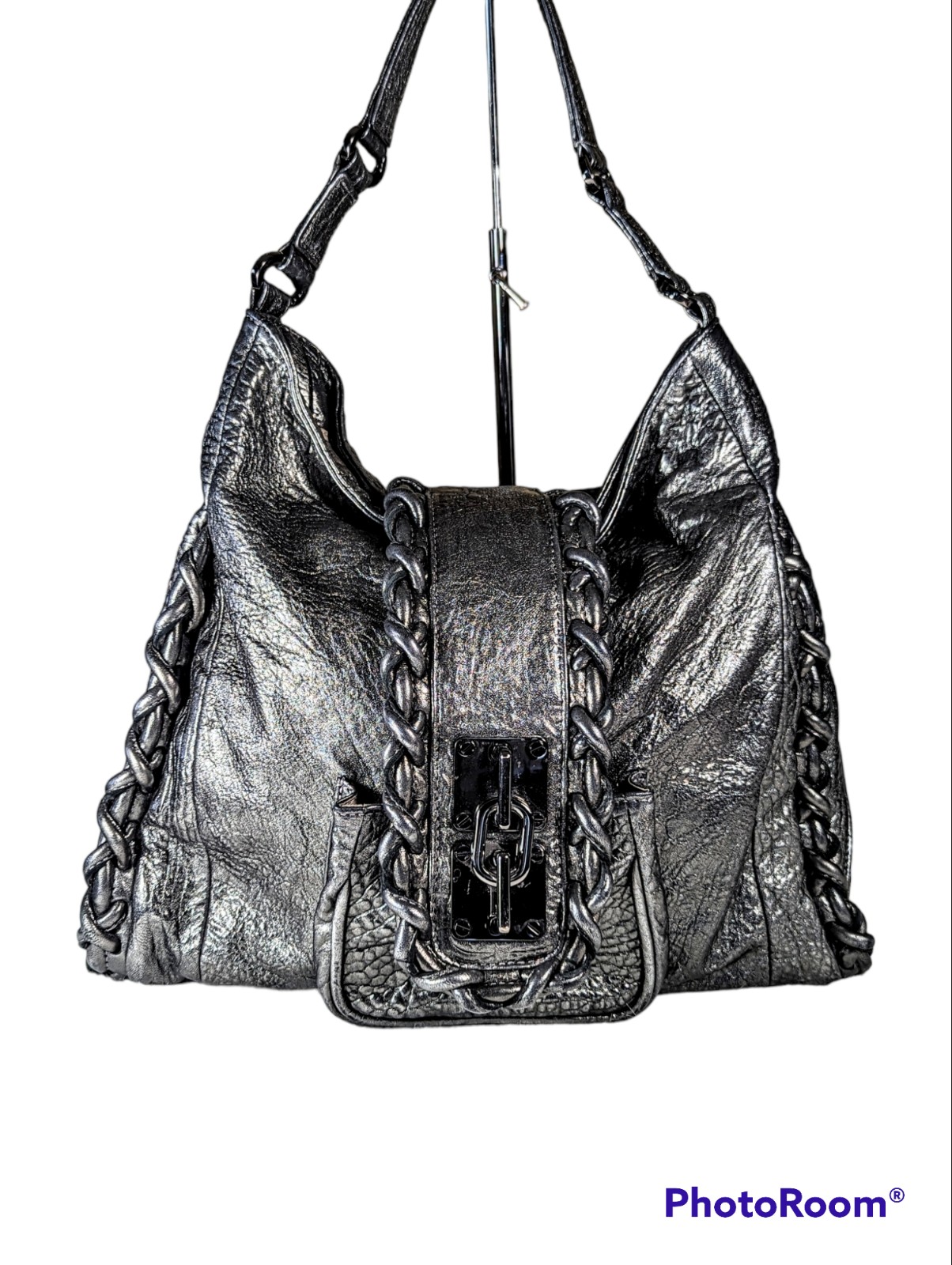 Vintage Treesje Silver Metallic Leather Shoulder Bag Handbag Gun Metal Hardware