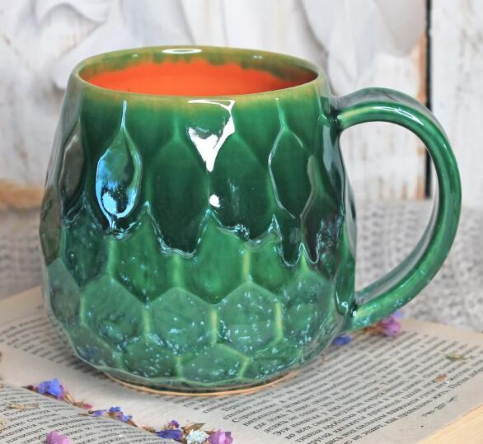 Large Ceramic Mug, Pottery Faceted Сup, Green Orange