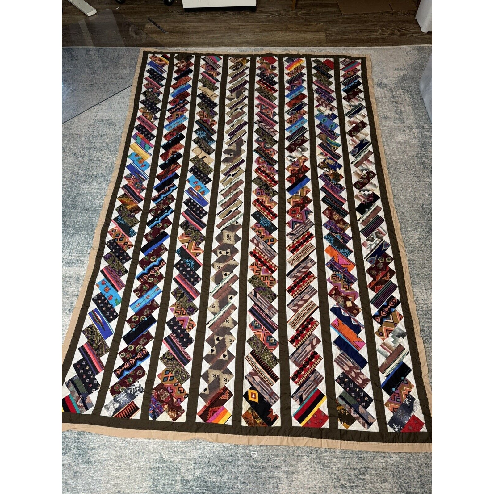 VTG Native American Stacked Bricks Scraps Collectible Quilt - Hand Quilted 86x59