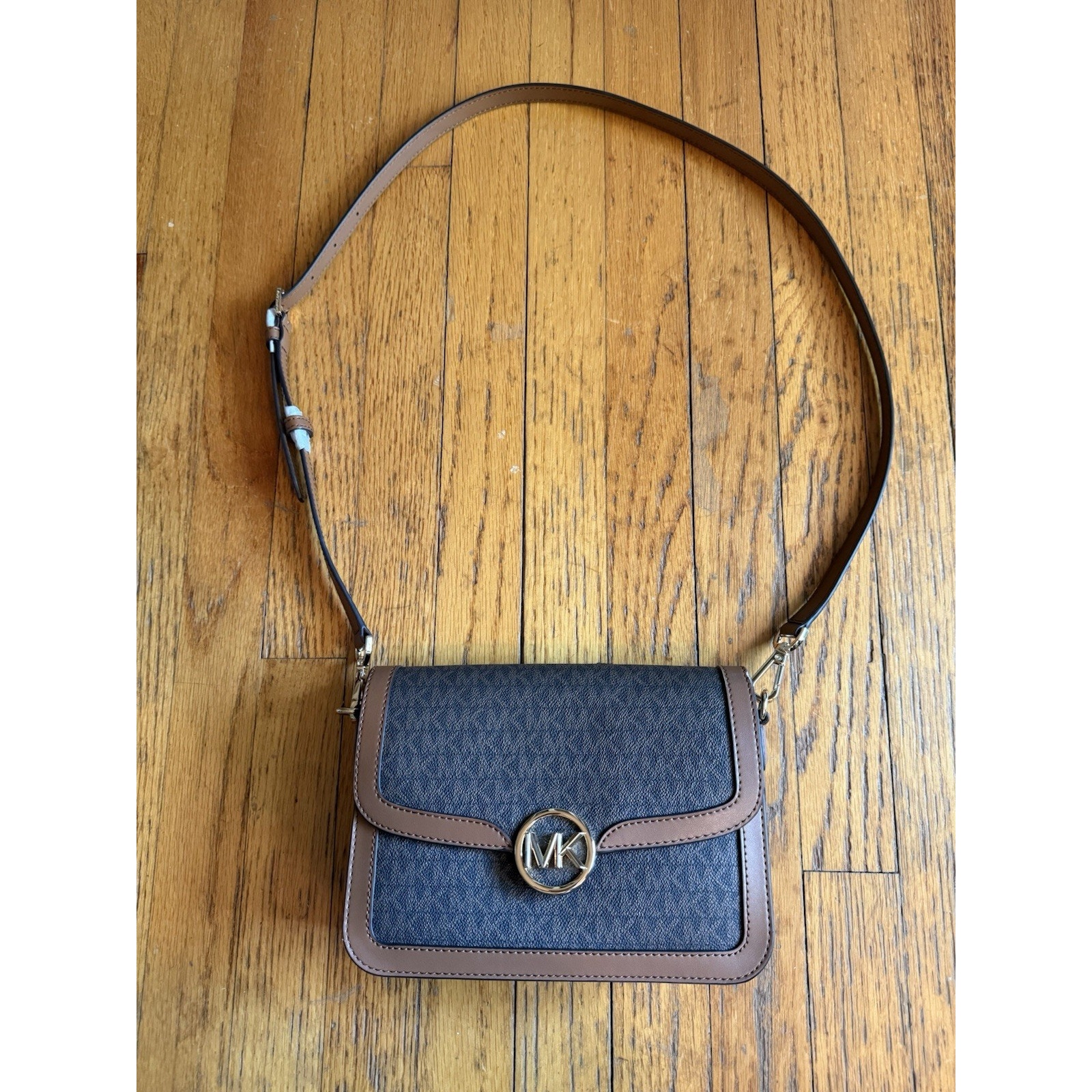 Michael Kors Leida Medium Brown Signature Logo Shoulder Bag New With Defects