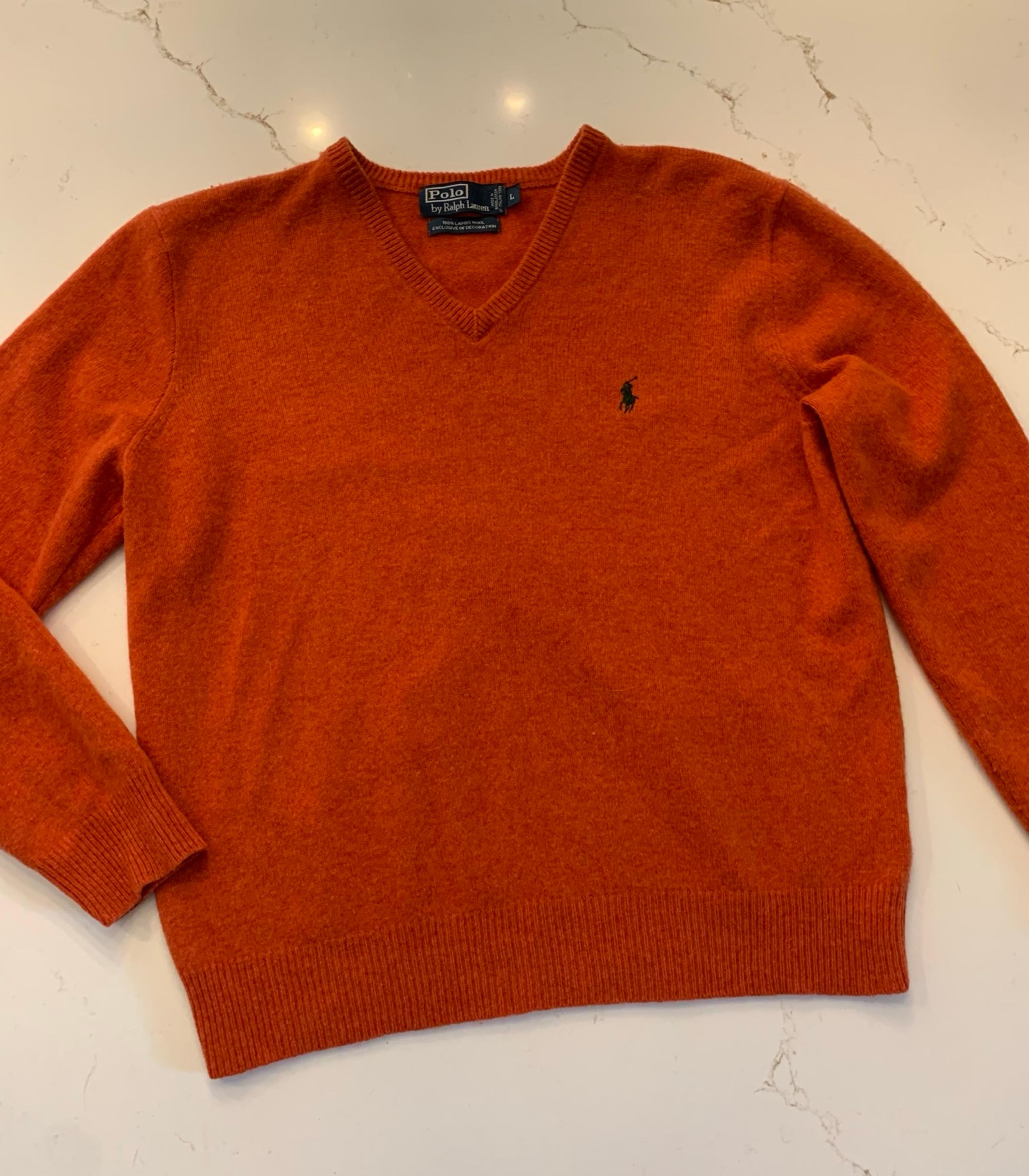 Vintage Polo Ralph Lauren Lambs Wool Sweater Size Large Orange V-neck 90s
