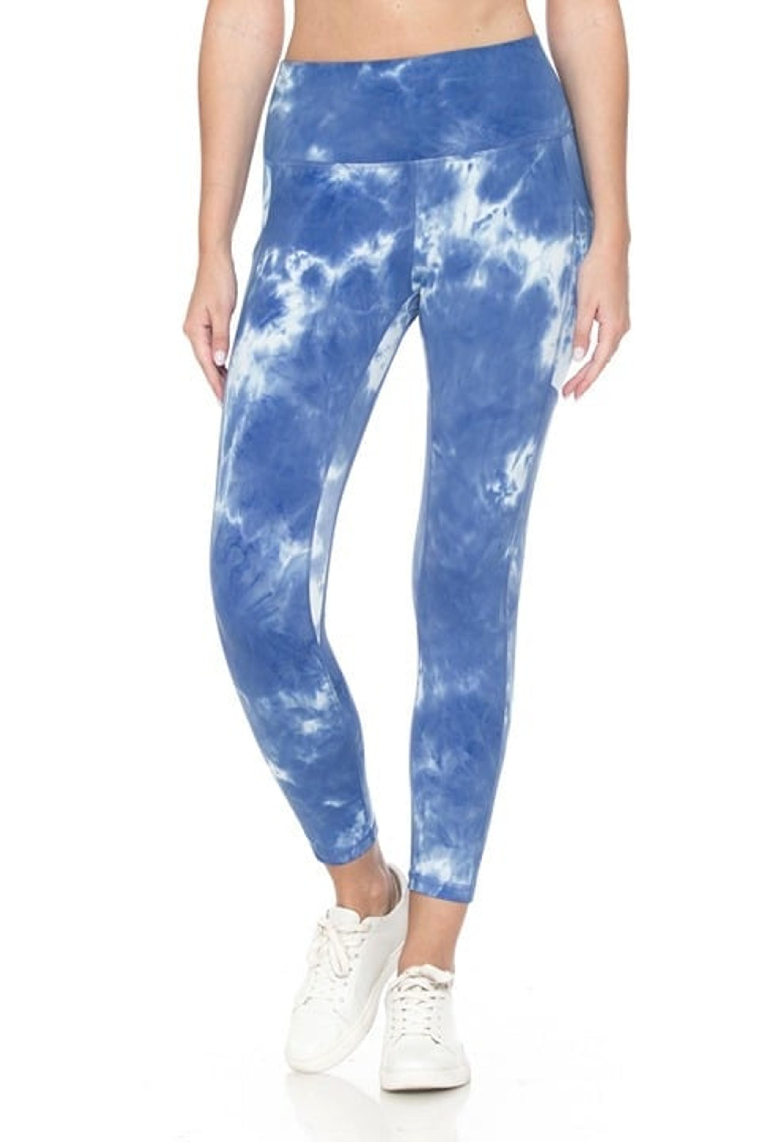 Women Premium 240GSM  7/8 Length Active Leggings w/Pockets Tie Dye Blue/White L