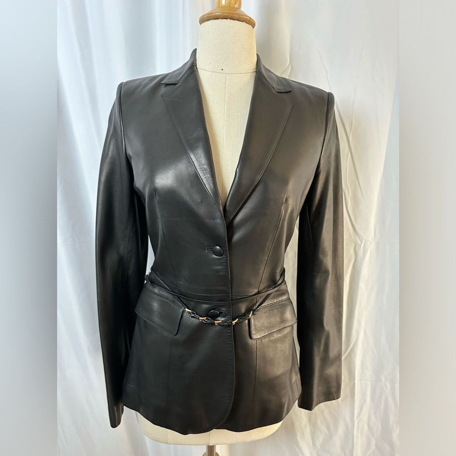 Brand New Vintage Prada Black Leather Blazer/Jacket with Detachable Leather Belt
