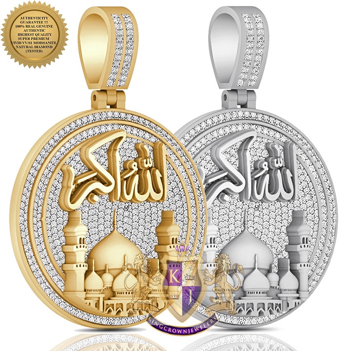 3D LOOK Real 3.50 Ct. Moissanite Allahu Akber Muslim Takbir Mosque Pendant Charm