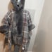Plaid Rex rabbit fur trim Oversized Cloak Pancho Cape with hood