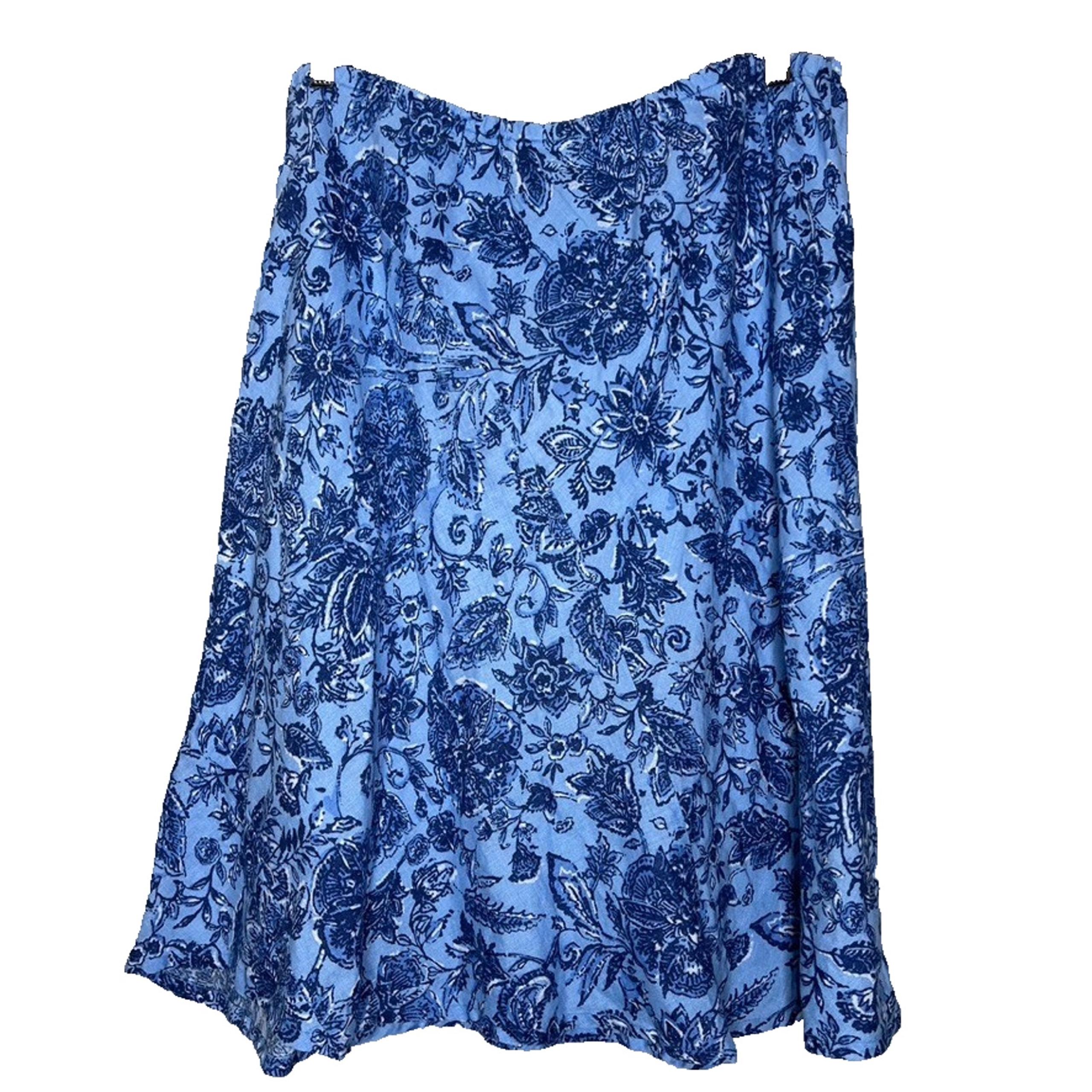 JM Collection Womens Skirt 16 Midi Linen Blue Floral Peasant Boho Cottage Summer