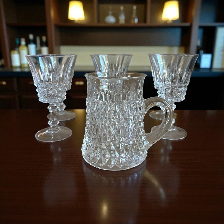 Indiana Pressed Glass Goblets Set of 6 Diamond Point 1 Mug Clear Wine Stemware