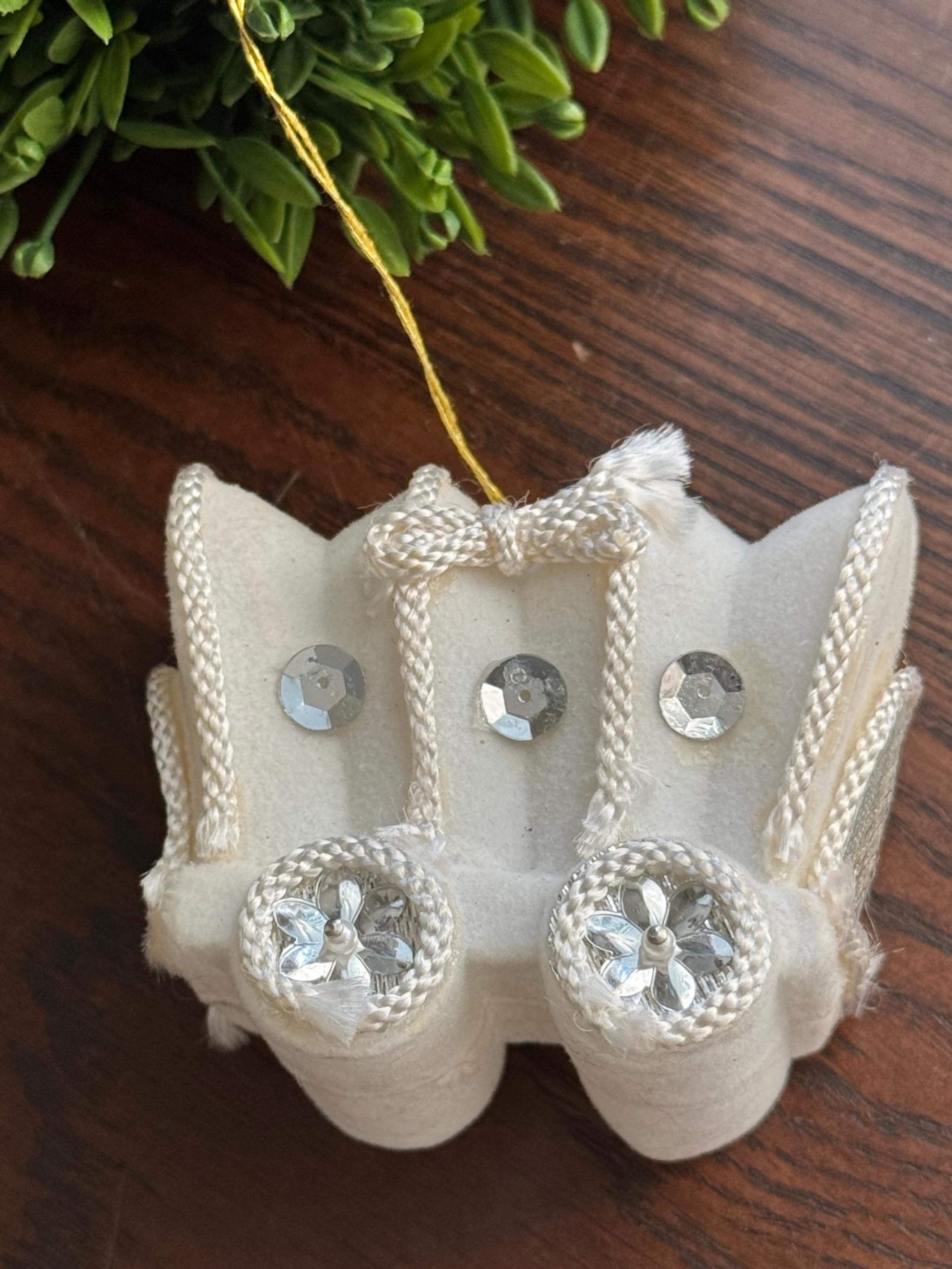 Vintage Winter White Flocked Wagon w/Sequin Embellishments Christmas Ornament