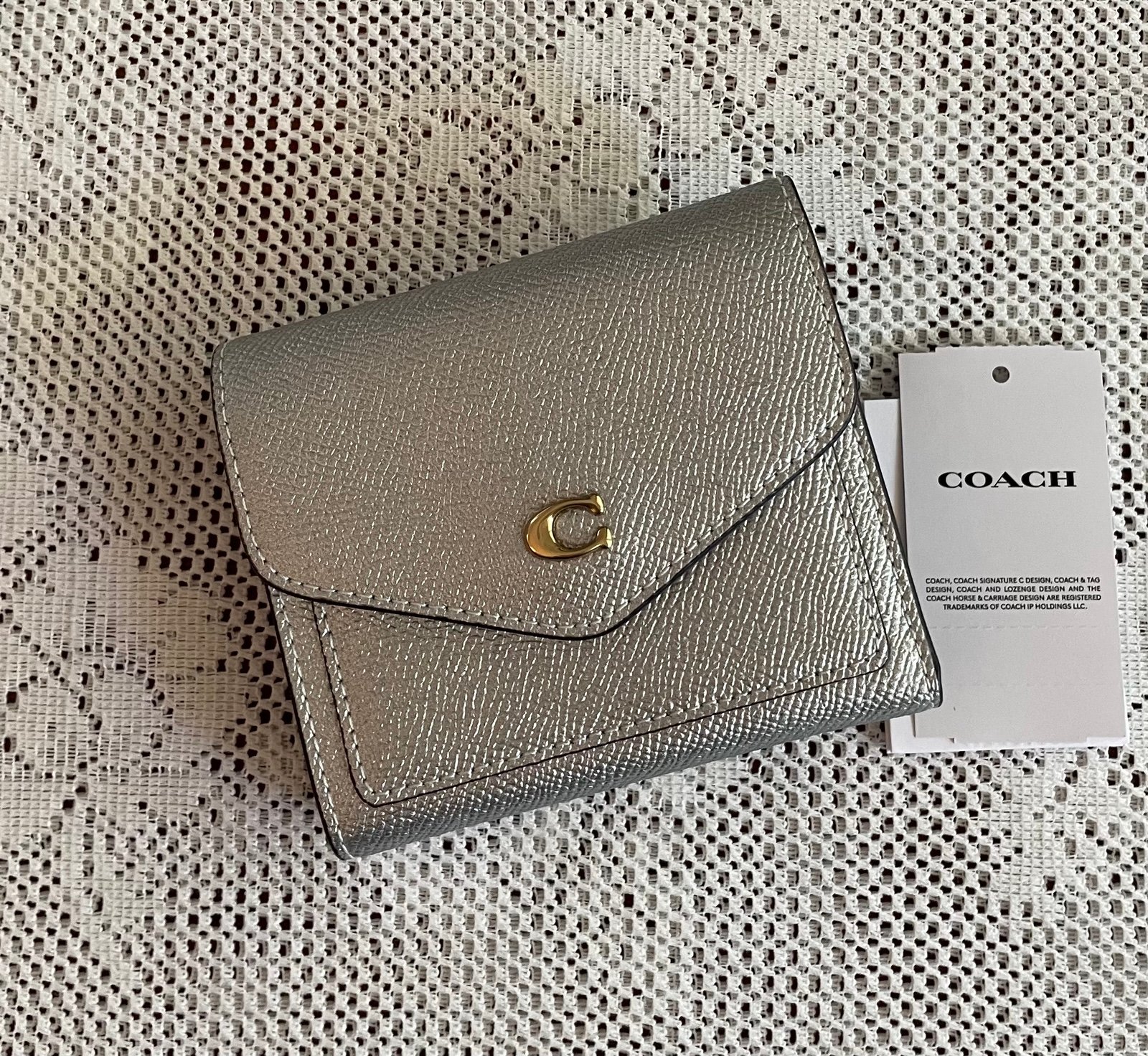 Coach Wyn Small Wallet Brass/Metallic Silver crossgrain leather C7181