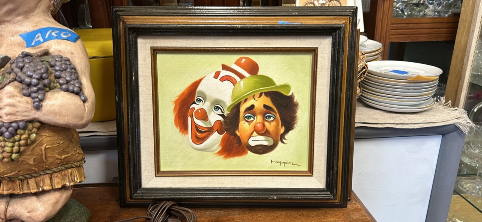 Vintage HOPPIN Original Oil On Canvas Framed Clown Painting (Two Faces) Signed