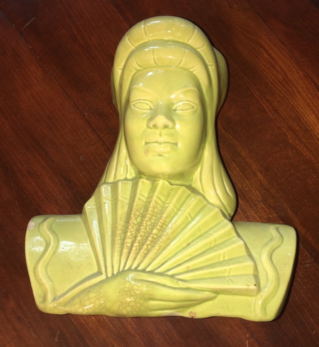 Vintage MCM Asian Style Female Head Bust Vase Green Glazed
