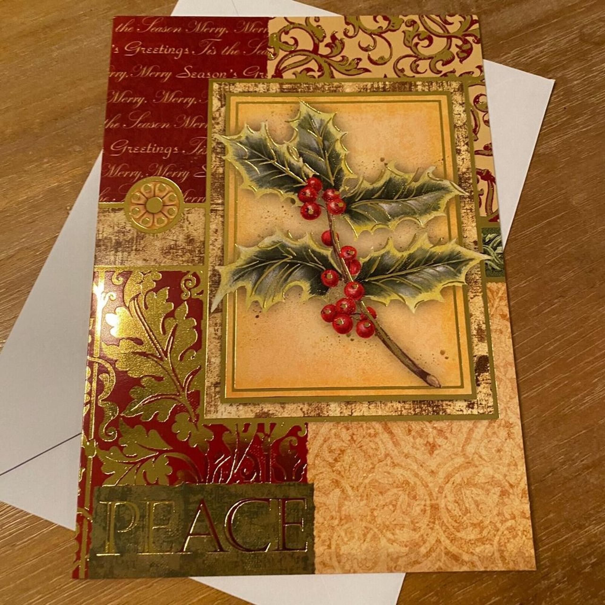Peace American Holly Gold Embossed Merry Christmas Blessings Greeting Card