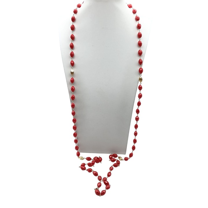 Vintage Flapper Length Beaded Necklace, Red and Fluted Gold Long Strand Jewelry