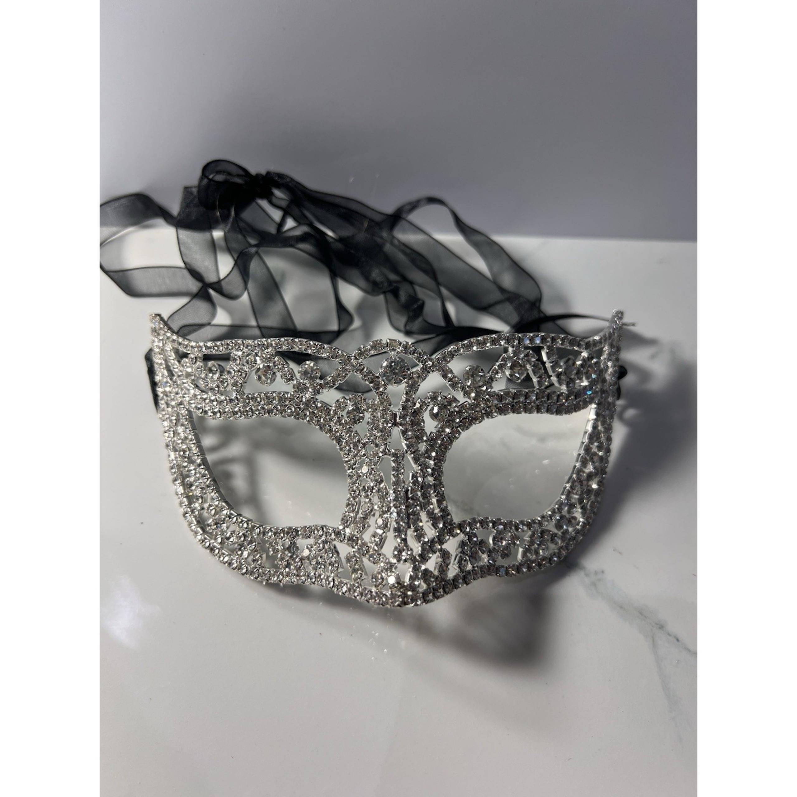 Rhinestone Masquerade Mask Costume Party Prom Mask Silver Black Tie