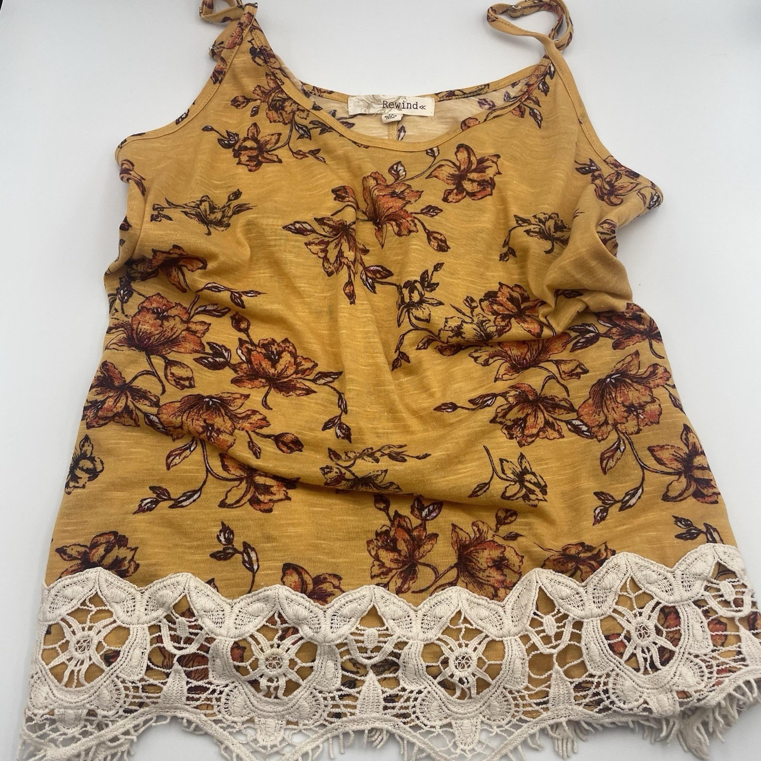 Rewind Women's M Floral Crocheted Lace Boho Hippie Tank Mustard Yellow Babydoll