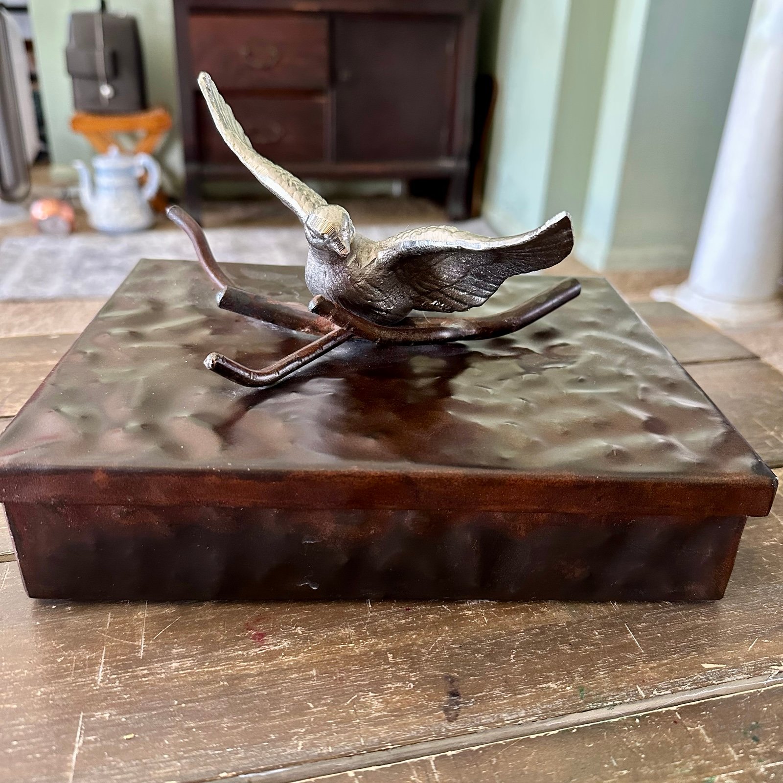 Jan Barboglio Brown Hammered Metal Bird Box Nickel Eagle Rectangular Large