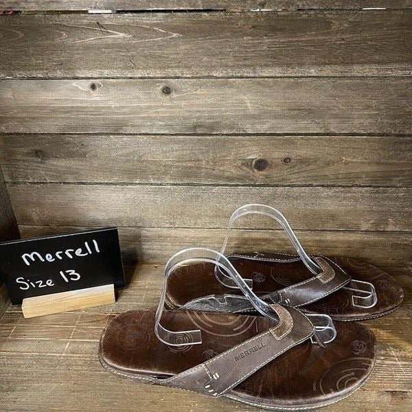 Mens Merrell Brown Leather Comfort Outdoor Walking Flip Flops Sandals Size 13 M