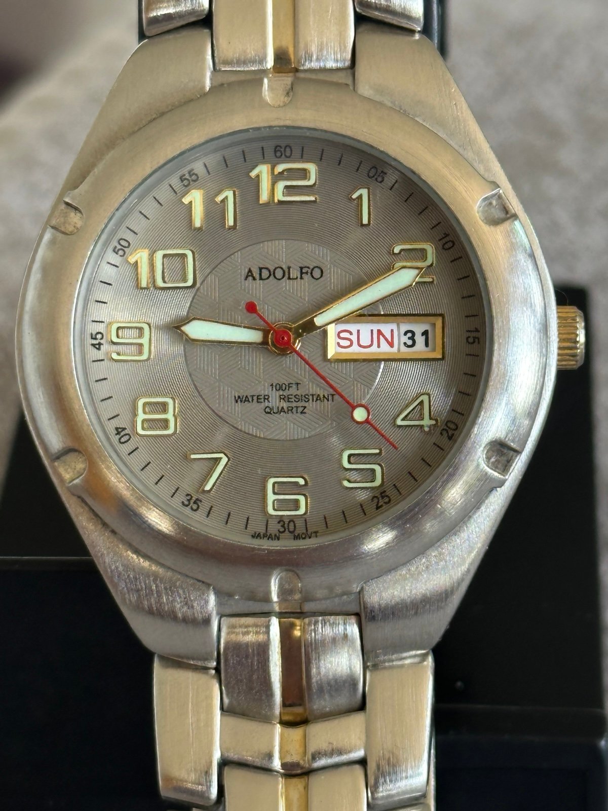 Adolfo Stainless steel, Silver tone dial, Day-date display, Mens watch.