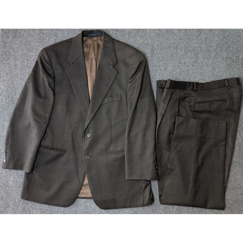 Vtg CHAPS By Ralph Lauren 100% Wool Suit Jacket & Pants Brown Windowpane 40sREAD