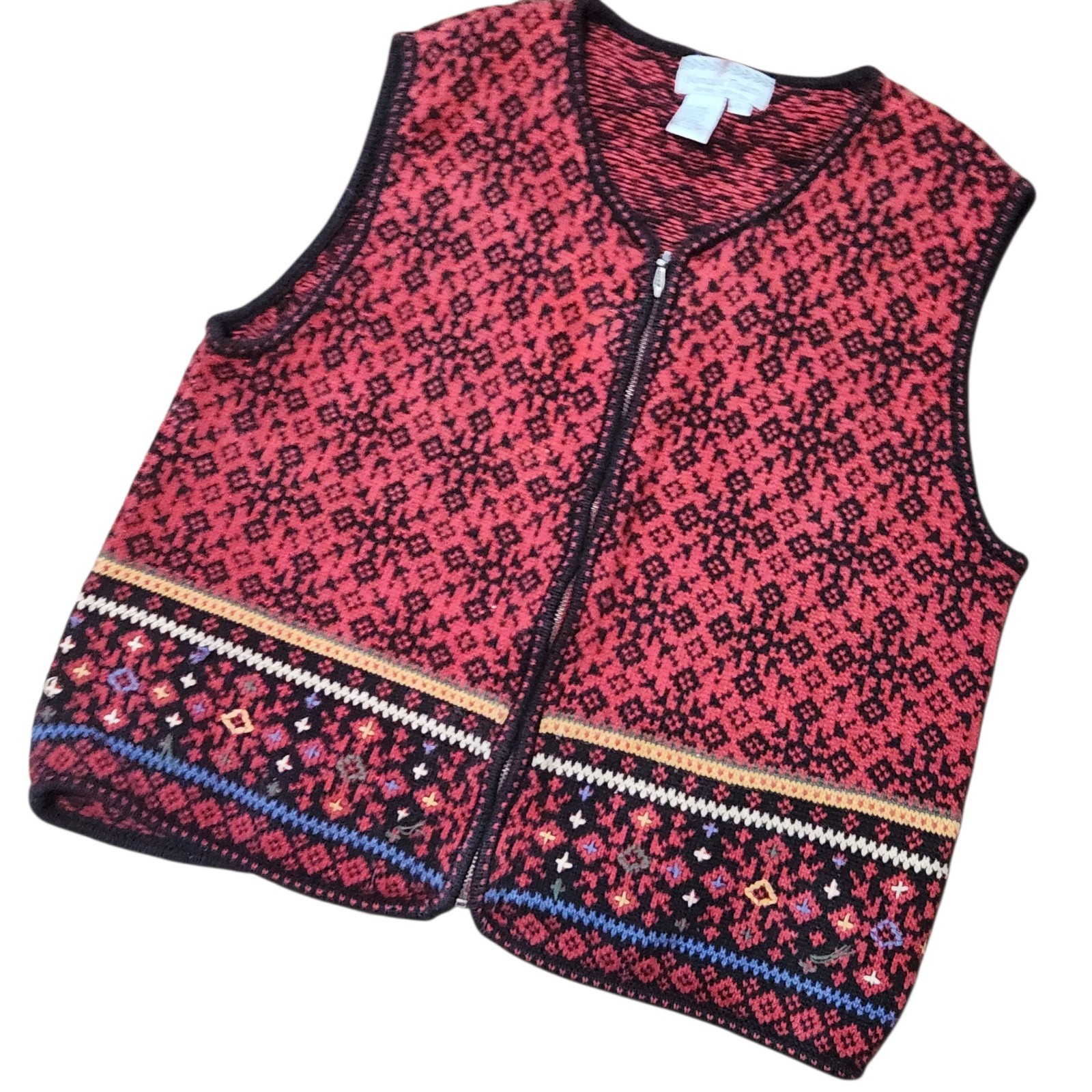 Nomadic Traders Sweater Vest Cardigan Womens Large Zip Front Red Black Nordic V
