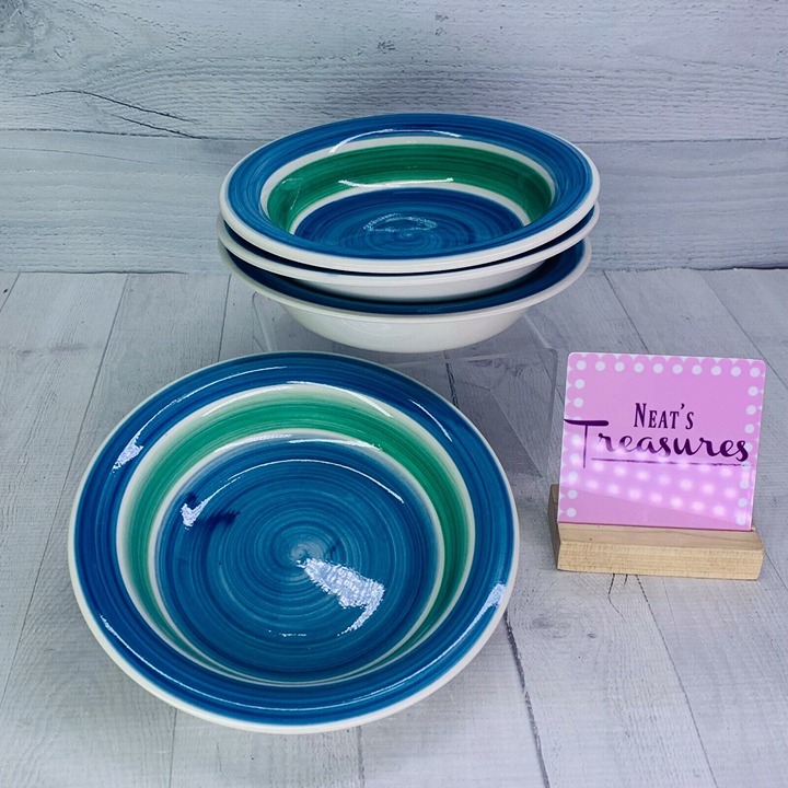 Natural Trends GREEN BLUE BANDS SWRIL Patten Stoneware Large Rim Soup Bowl Set 4