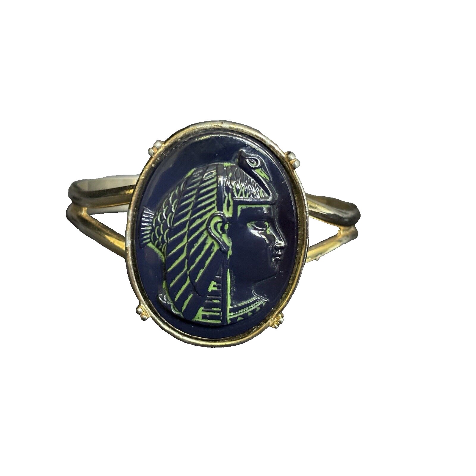 Pharaoh Egyptian Revival Cuff Bracelet Blue Glass & Gold Tone Statement Bracelet