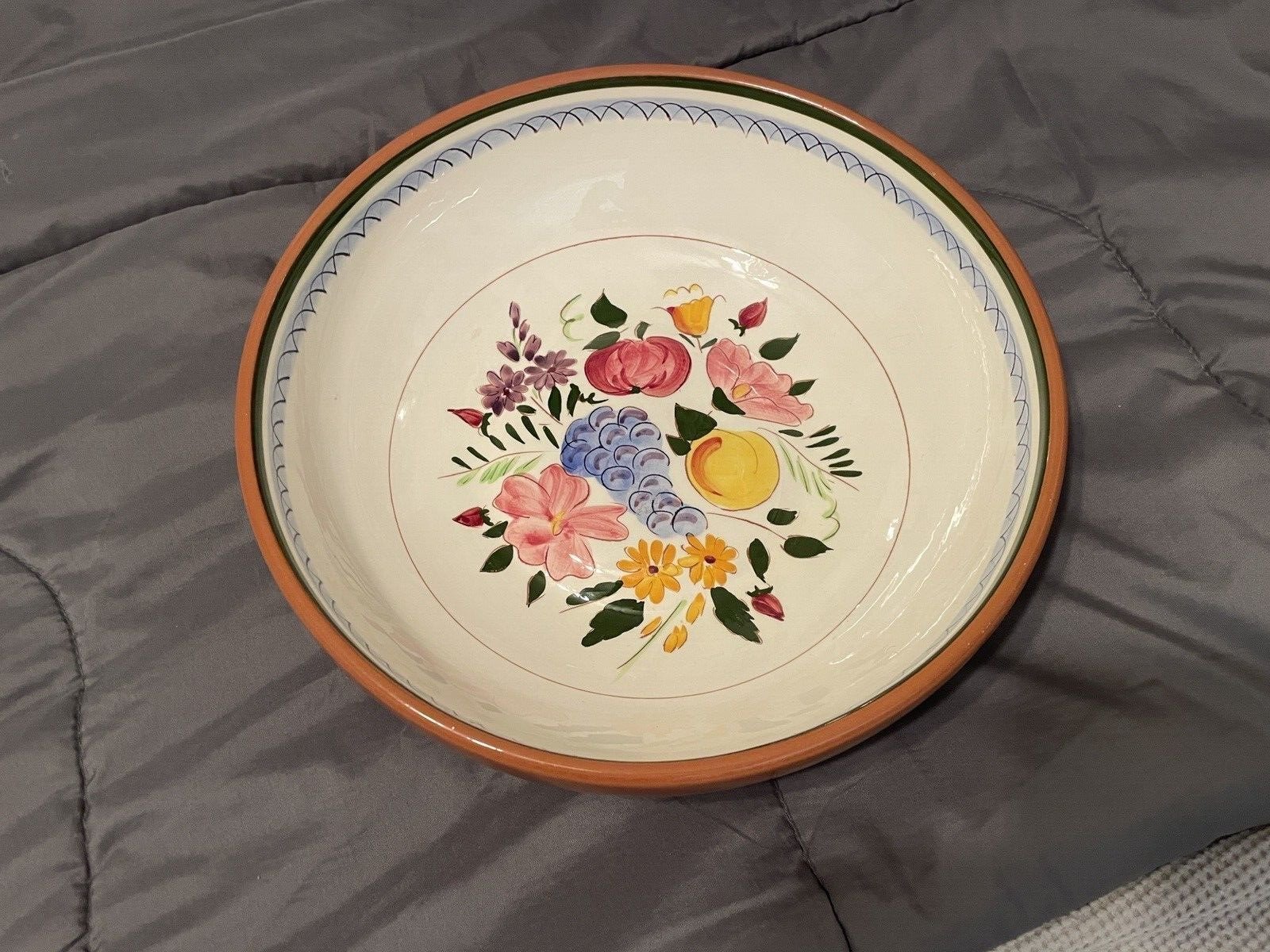 RARE-Stangl Fruit & Flowers 12 Fruit Bowl Blue Pink Yellow Flowers On White-W0W
