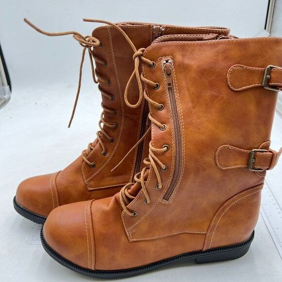 Women's Combat Ankle Boots Fashion Lace up Zipper Booties Brown Boots