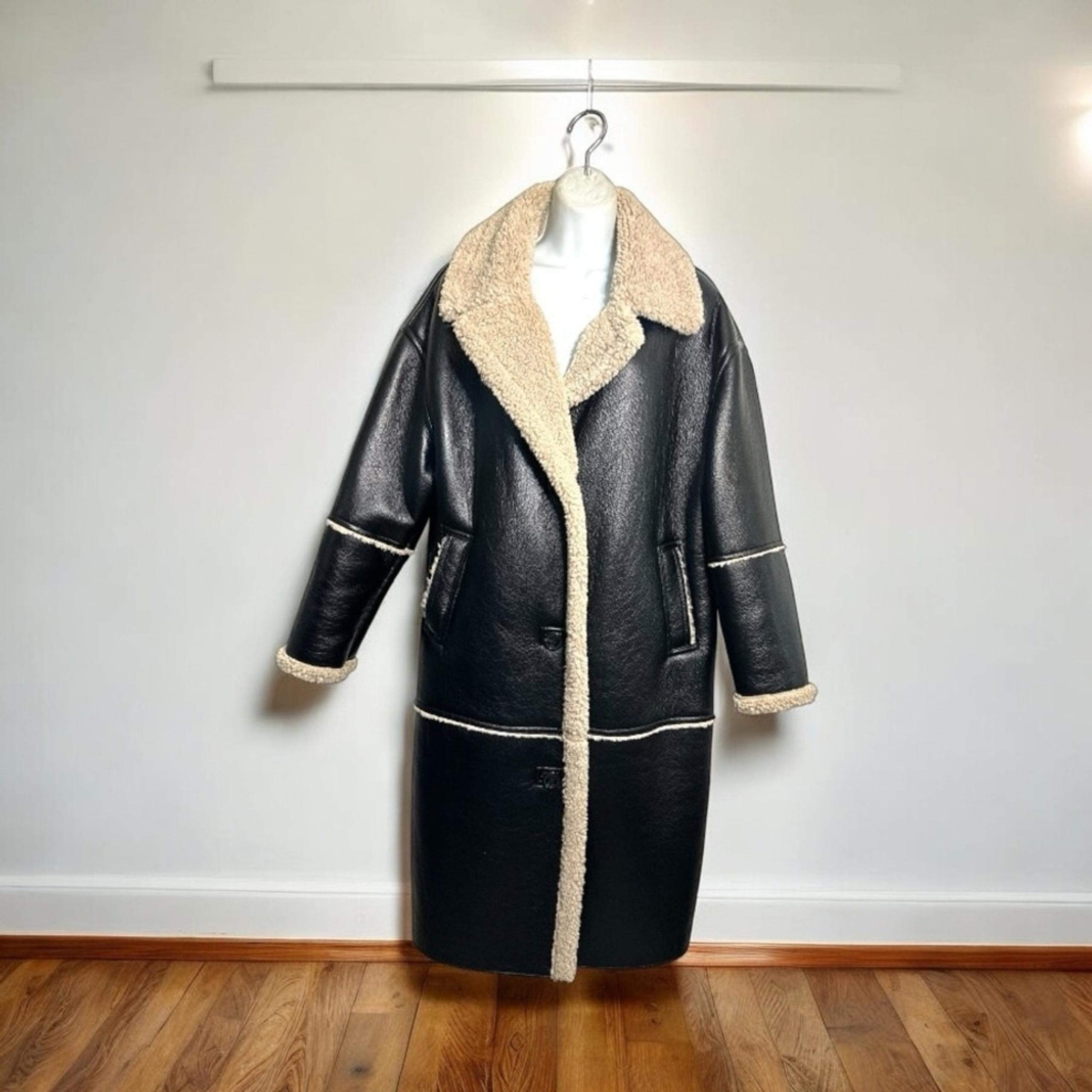 Black Shearling-Lined Faux Leather Coat – Size 10 with Matching Hat