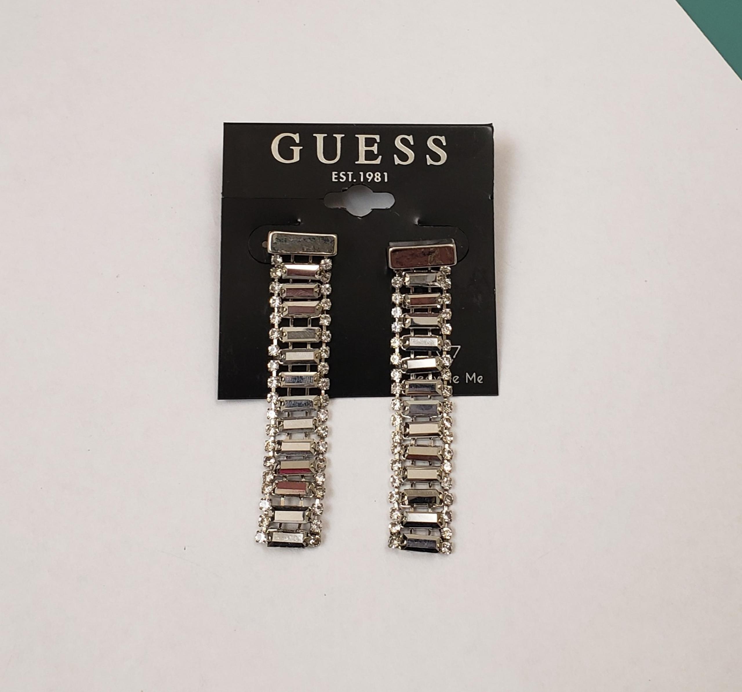 Guess, NWT, Clear rhinestone, round and rectangle long dangle statement earrings