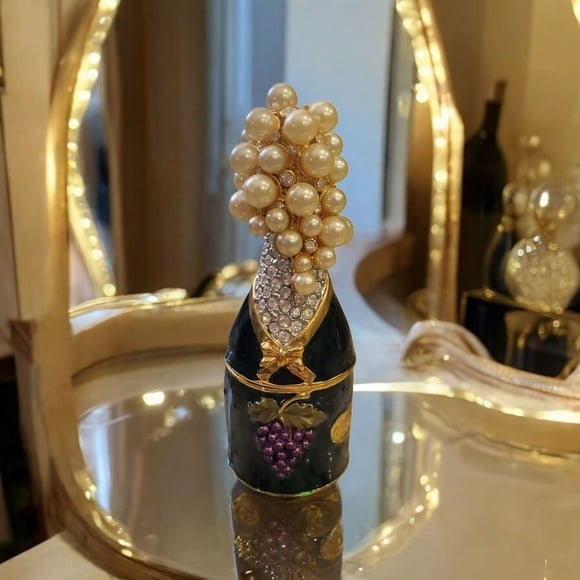 Rare Ruccini Trinket Box Green Champagne Bottle Pearls & Crystals Gold Trim