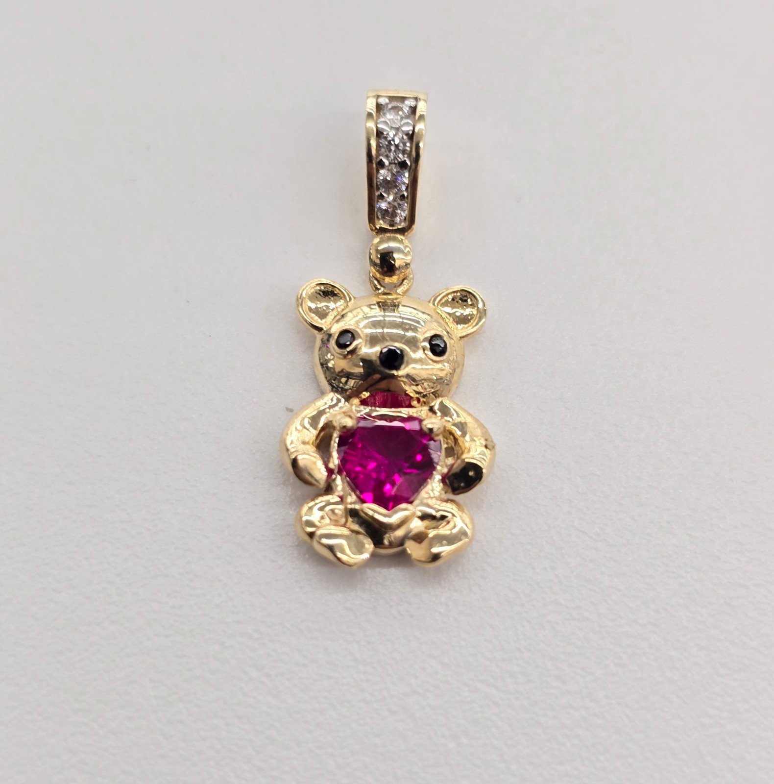 10kt Real Gold Teddy Bear Pendant with Pink Stone