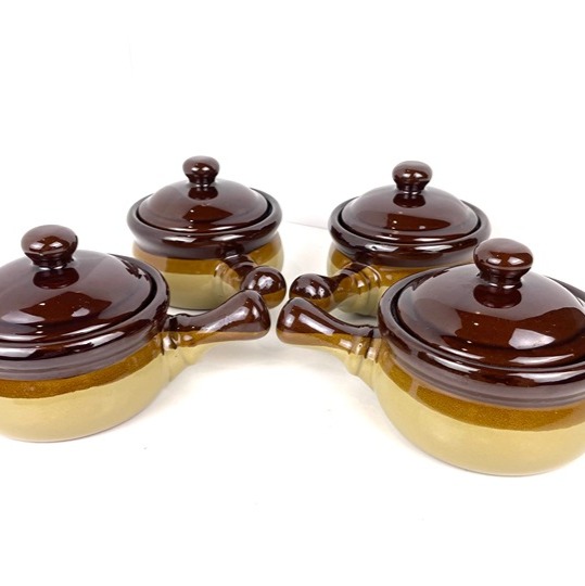 Set 4 Vintage Pottery French Onion Soup/Chili Crock Pot Bowl With Handle & Lid