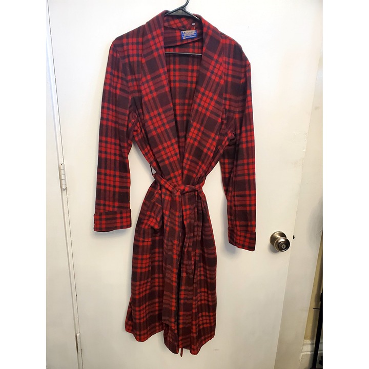 Pendleton Red & Black Plaid Wool Long Robe With Belt & Pockets Men's Large