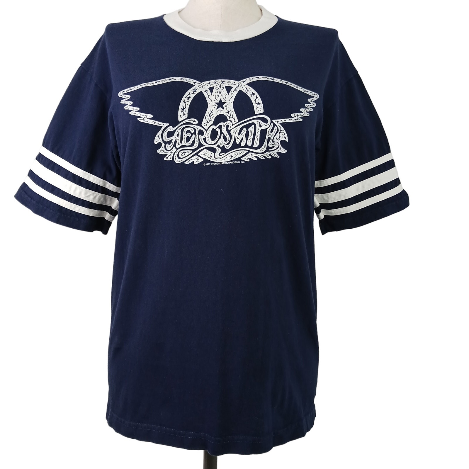 Aerosmith VTG SZ M/L 1997 Ringer Tee Shirt Svemgali Giant Brand Navy Blue/White