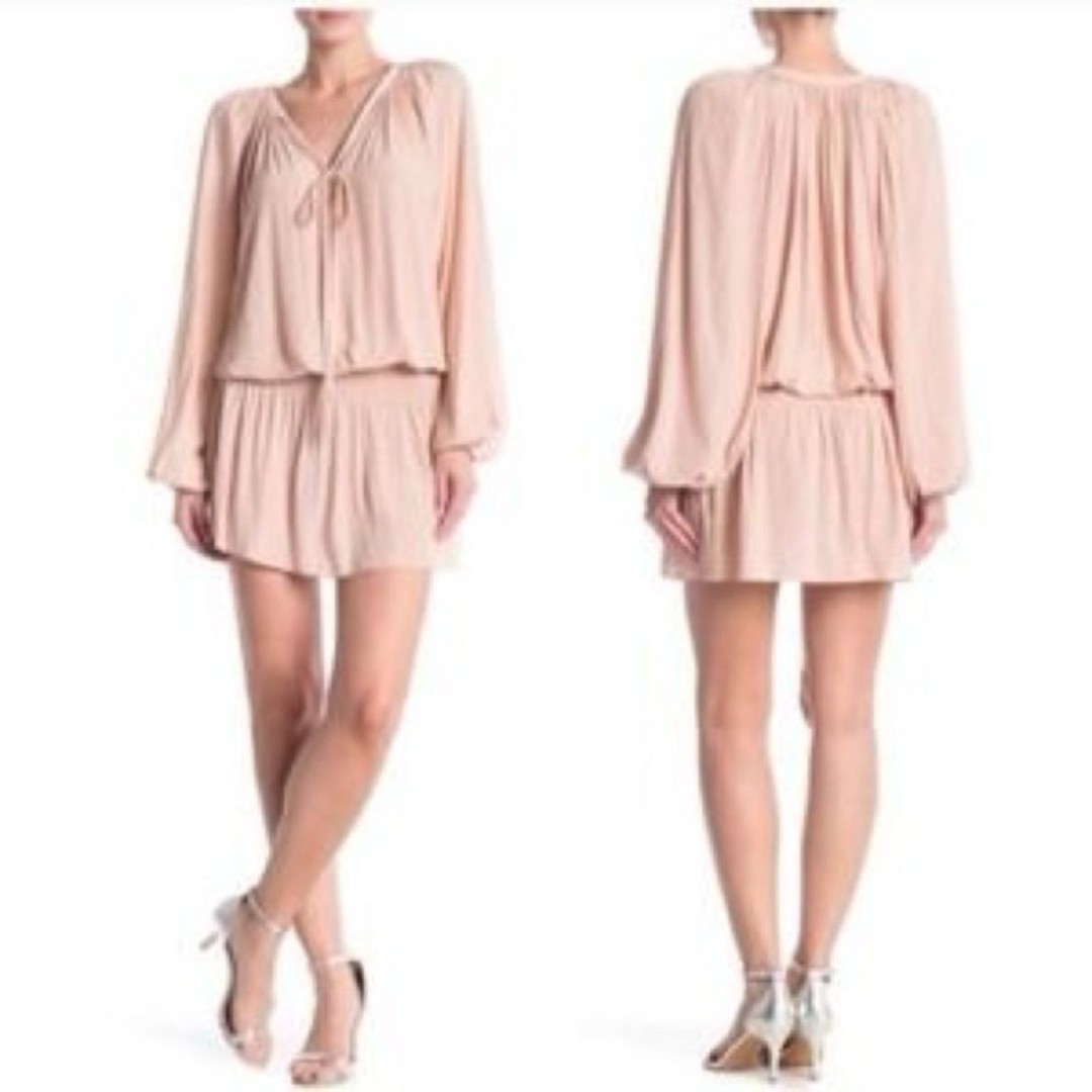 Flowing Ramy Brook pale pink Paris dress long sleeve small ruched waist