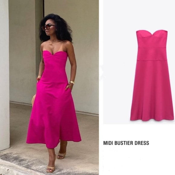 NWT ZARA BUSTIER MIDI DRESS Strapless Aline FUCHSIA HOT PINK 2656/707 SMALL