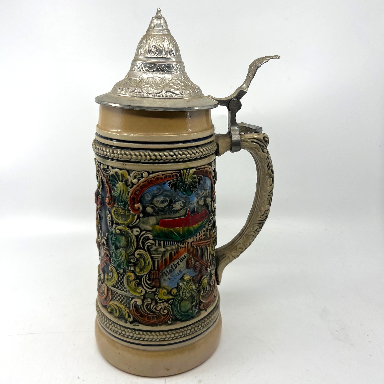 Vintage German Lidded Beer Stein Mug w/ Siegestor & Hofbrau haus & Munchen