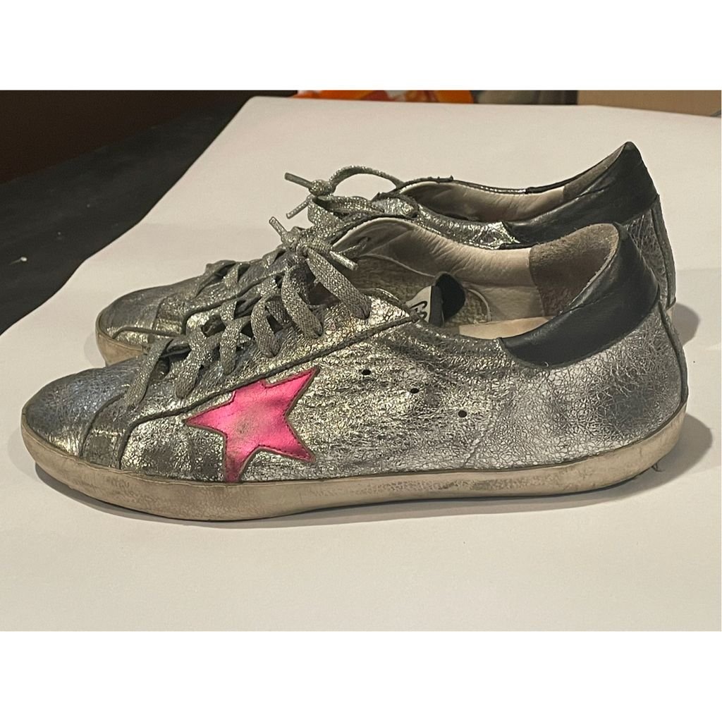 Golden Goose Silver Metallic Sneakers with Pink Star